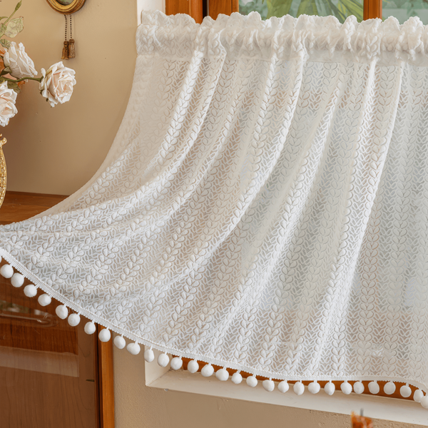 1pc American Country Style Wheat Stripe White Curtain, With White Fluffy Ball Trim, Rod Pocket Design, Polyester Fabric, Wrinkle Resistant, Soft, Exquisite Embossed Jacquard, Excellent Craftsmanship, Semi-Sheer, Machine Washable, Lovely Home Window Decor For Bedroom, Living Room, Dining Room, Kitchen, Closet, Office, Wedding Decoration