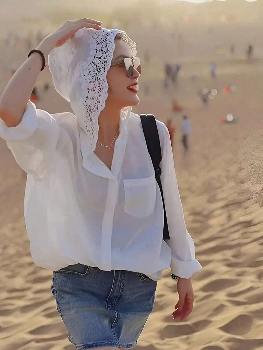 Women's Solid Woven Fabric Lace Panel Sheer Hoodie Shirt With Pockets