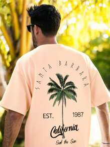 Small Shoulder Summer Beach, Coconut Tree Print, Versatile Texture. Short Sleeved Men's T-Shirt, Loose Fit, Summer Casual, Streetwear, Spring/Summer Retro T-Shirt