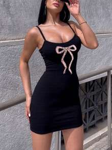 Spaghetti Strap Off Shoulder Bow Embroidery Bodycon Mini Dress, Sexy & Fitted - Black - View 2