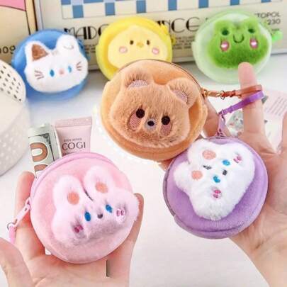 1/2 piezas de monedero de peluche con diseño de dibujos animados, bolsa de almacenamiento de monedas suave y linda de animal, bolsa portátil para estudiantes, auriculares, adecuado para fiestas y regalos de festivales, en varios estilos