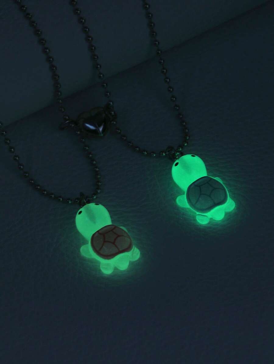 2pcs Couple Luminous Turtle Heart Interlocking Pendant Necklace, Fashion Jewelry Gift For Valentine's Day, Friendship - Multicolor - View 1