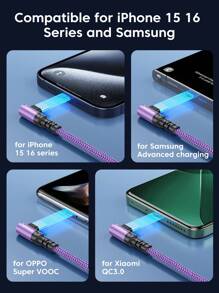 60W 最大功率快充 USB Type-C 数据线，兼容 16/15 系列；3A 最大功率 USB-A 转 Type-C 充电线，兼容三星 Galaxy S23 Ultra、S22、Note 20、Note K60、K50、11、11s、12 Plus、Reno 4、X2、X3 Pro、16、16 Pro Max、15、15 Plus、15 Pro、15 Pro Max；90 度铝合金纳米线缆 - 紫色 - 查看 9