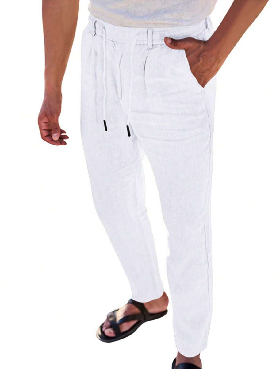 Men's Breathable Linen Pants Solid Color Drawstring Waist Casual Straight Leg Trousers For Summer - 白色 - 查看 1