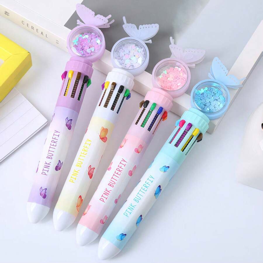 1pc Shiny Butterfly 10-Color Ballpoint Pen, Colorful For Students - Multicolor - View 1