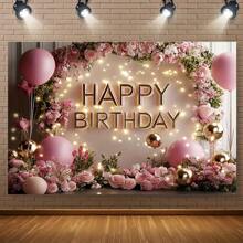 1 Pc Elegant Pink Balloon Birthday Backdrop, With Floral Wreath And Golden Accents - Made Of Polyester Fabric, Ideal For Social Gatherings, Photography And Celebrating Special Occasions, Birthday Party Decoration