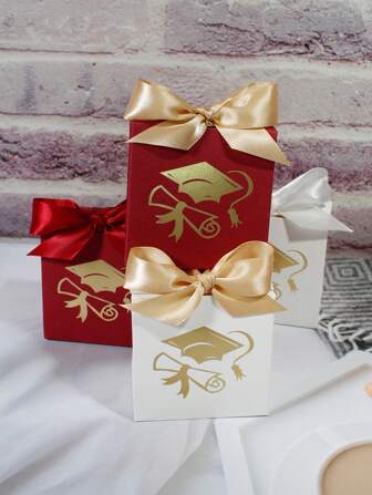 10pcs Graduation Mini Gift Boxes – Elegant Cap & Diploma Design With Satin Ribbon, Perfect For Graduation Party Favors, Small Gifts, Chocolates, And Candies – Red & White Color Options, Graduation Celebrations