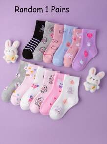 Random 12 Pairs Cartoon Pattern Mid-Calf Socks For Girls, With Bunnies, Bears And Lace, Comfortable, Suitable For Daily Wear, Styles Randomly Sent - Multicolor - View 12