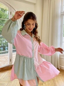 Simplee Women's Summer New Arrivals Color Block Stripe Front Button Lantern Sleeve Short Dress, Vacation Dress, Fashion & Casual