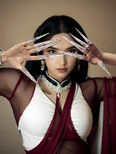 1 Set Shiny Vintage Metal Nail Rings, Gothic Claw Knuckle Protectors, Ancient Queen Costume Metal Nail Rings Decor Accessories, For Cosplay Performance Drama Dance - Gold & Silver