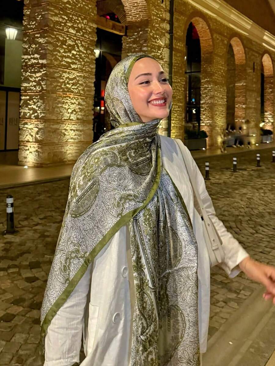 1件装女士波西米亚风佩斯利印花蓝色头巾披肩，休闲优雅女士围巾配饰，防风披肩，适合日常佩戴，情人节面纱装扮，阿巴雅长袍配饰，柔软头巾，连衣裙配饰