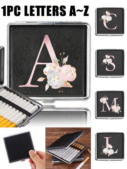 Printed With Gradient Pink Letters A~Z And Floral Patterns Cigarette Storage Case For Pu Leather, Men's Black Cigarette Box Portable 26 Letters Women's Simple Holder Cover,Can Store Cigarettes To Prevent Them From Being Squeezed, Deformed Or Damp, Suitable For Going Out, Traveling, Working, Carrying, And As A Gift For Friends, Family, Loved Ones, Lovers Who Love Smoking, Father's Day Gifts, Birthday Gifts, Boyfriend Gifts