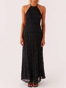Women's Halter Neck Sleeveless Backless Bodycon Long Dress Ruched Party Evening Cocktail Dresses - Black - View 2