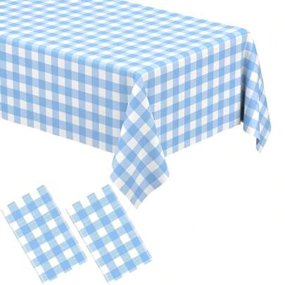 1 Pack Light Blue Gingham Tablecloth Rectangular Pale Blue And White Checkered Tablecloths Disposable Plastic Plaid Table Cover For Parties, Outdoor Picnic, Birthday, Wedding, Camping 54 * 108 Inch