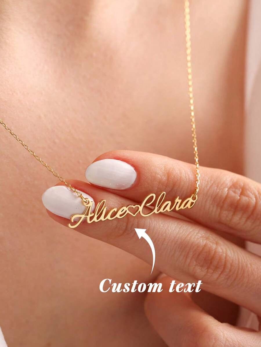 1件定制情侣名字吊坠项链，配心形个性化名字牌，18K镀金不锈钢可调节链，定制珠宝时尚配饰，情人节、生日、周年纪念日礼物 - 銀色 - 查看 1
