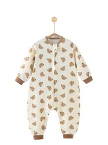 男女通用秋季双层棉纱分腿婴儿睡袋，可爱小熊印花长袖透气睡衣，男婴女婴睡袋