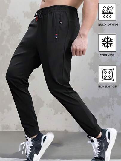 Men's Solid Color Elastic Waist Casual Pants, Lightweight Straight Leg Trousers For Running, Workout, Outdoor, Travel, Summer