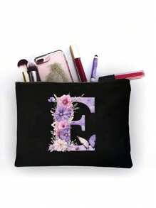 Polyester Zipper Makeup Bag With Flower And Butterfly Letter A-Z Pattern, Elegant Butterfly Design Cosmetic Bag, Coin Purse, Great Gift For Lover And Family, College Dorm Makeup Organizer, Storage Bag, Minimalist Toiletry Bag, Gift Bag, Snack Bag, Mother's Day Gift, Teacher Back To School Gift, Sister Gift, Best Gift For Mother, Birthday Gift - Black - View 25