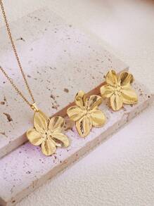 1 Set di gioielli in stile fattoria con design a fiori d'uovo in acciaio inossidabile (include 1 collana e 1 paio di orecchini), adatto per le donne da indossare in occasioni di fidanzamento o matrimonio, o come regalo festival per amici