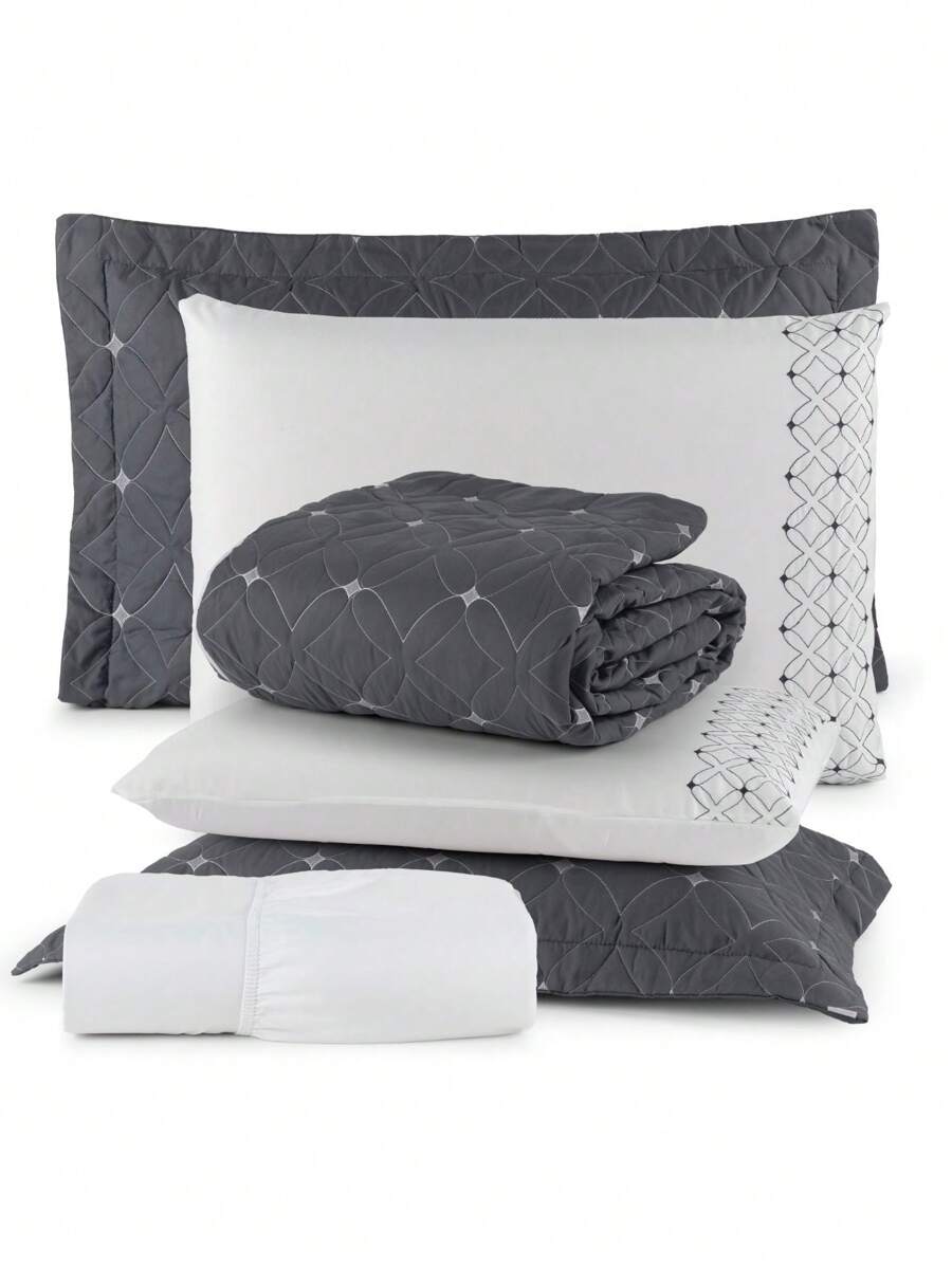 Complete Bedspread And Sheet Kit 6 Pieces 200 Thread Count Double/Queen/King Luxury Embroidery Ideale - 灰色 - 查看 1