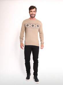Outono e Inverno SUN CAI sueter tricot masculino casaco blusa de frio gola redonda manga longa blusa de Lã importar padrão de floco de neve - Marrom Claro - Visão 4