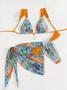 Random Paisley Print Light Blue Padded Top With Gold Accent, Matching Triangle Bikini Bottoms And Sarong 3pcs Swimsuit Set, Beach Vacation Style - Multicolor-orange - View 3