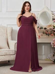 UNITHORSE Plus Size Backless Slit Dress With Sequin, Spaghetti Strap Ruched Front, Fabric, Cami Strap, Women's Dress, Party Dress, Wedding Guest Dress, Formal Dress, Evening Dress,Gown - Red Violet - View 4