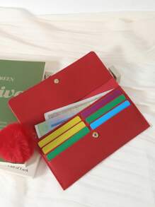 Cartera larga de piel premium para mujer en color rojo con múltiples ranuras para tarjetas, tapa con cierre, bolsillo para monedas, compartimiento para billetes y llavero con pompón. Perfecta para organizar tarjetas de crédito, ID y efectivo. Ideal como bolso de viaje para novia, madre, maestra o San Valentín. Excelente para la oficina, ir y venir del trabajo, compras y vuelta al colegio. Esencial de viaje, bolso para mujer, portacartas. - Rojo - Ver 2