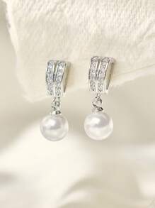 Cubic Zirconia Decor Faux Pearl Drop Earrings Winter Gifts - Silver - View 2