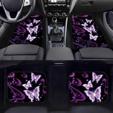 Easypie Selection Komplett-Set mit 4 Stücke/2 Stücke Auto Fußmatten Lenkradbezug Damen Universal Autozubehör Innenausstattung, glänzende lila Schmetterling, Auto Sitzbezüge, lila Schmetterling Bedruckte Auto Vorder- und Rücksitzfußmatten Auto Teppich lila Fußmatten für Auto Dekoration Zubehör
