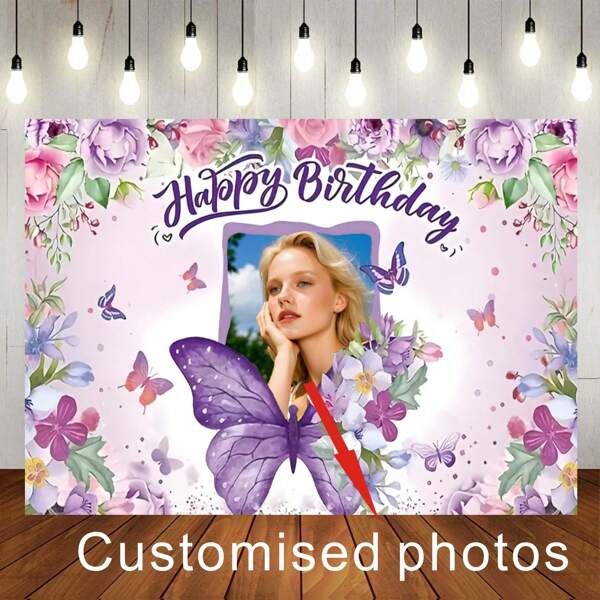 1 Stück anpassbare Foto Lila Blumen Schmetterling Alles Gute zum Geburtstag Hintergrund, personalisiertes Fotodesign geeignet für Prinzessin Geburtstags Party, Kuchenklatsch Hintergrund Dekoration Flagge aus Vinyl