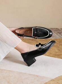 女士粗跟鞋，方头中跟英伦风软皮休闲一脚蹬鞋，优雅乐福鞋 - 黑色 - 查看 3