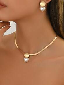 3pcs Set Elegant Stylish Versatile Geometric Faux Pearl Choker & Earrings Retro Vintage Jewelry Set - Yellow Gold - View 1