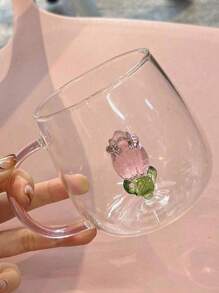 1pc 400ml 3d Rose Flower Design Single Layer Glass Cup With Clear Straight Body, For Juice, Beverage, Water, Milk Tea
