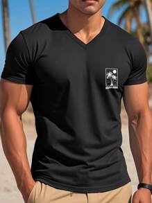 Camiseta casual de manga corta con cuello en V de unicolor y estampado gráfico para hombres, para verano - Negro - Ver 6