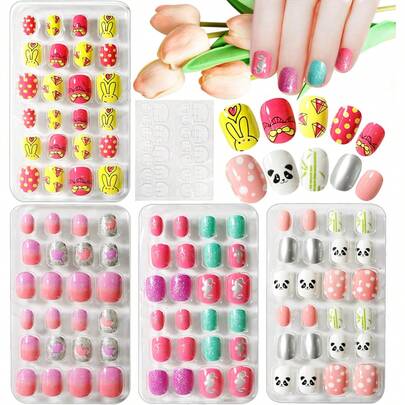 96 piezas de uñas postizas cortas con diseño de caramelos, juego completo con pegamento, lindo regalo para niñas pequeñas para decoración de arte de uñas