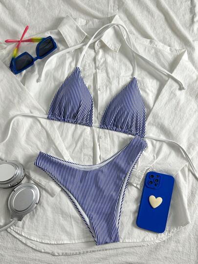 Damen Urlaubsstil bedruckter Hals hängendes Dreieck Bikini Zweiteiler, geeignet für Insel Urlaubsfotografie