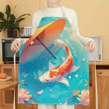 1pc Koi Carp In Fish Pond 3D Pattern Linen Apron For Home Cooking, Kitchen Wear, And Cooking Enthusiasts - Multicolor - View 9
