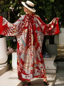 Retro Elegant Mid-Length Loose Printed Robe Kimono Cover Up, Beach Cover Up, Summer Vacation Swimsuit Cover-Up, Sun Protection - Red - View 3