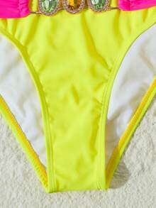 Women's Vacation Beach Contrast Color Patchwork Rhinestone Decor Bikini Set, Summer