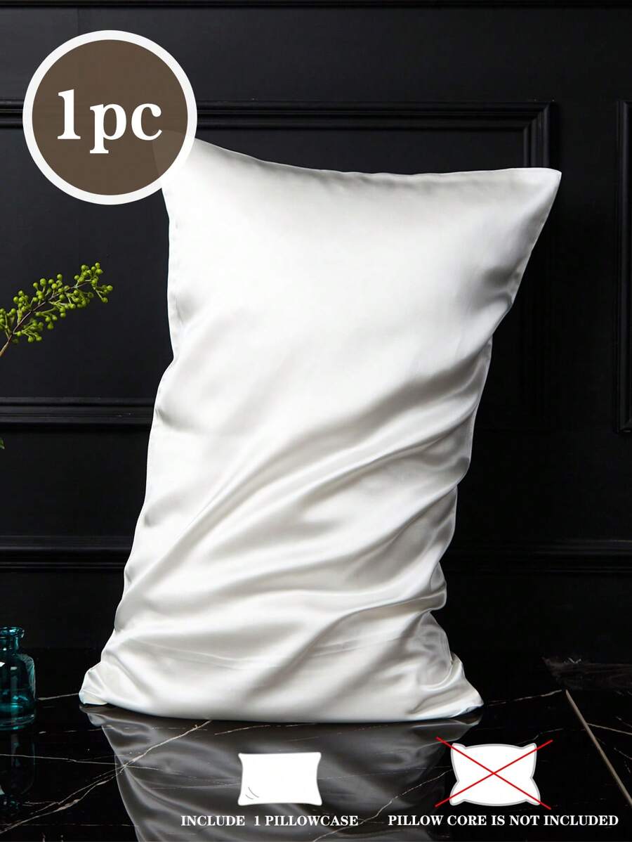 1pc, White,Solid Satin Pillowcase, Summer, Cool, Boys And Girls,School Student,Dormitory Dress-Up,Skin-Friendly And Comfortable, Pillowcase, Bedding, Excluding Pillow Core,Twin Full Queen King - White - View 1