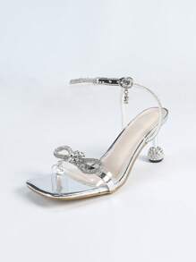 Silver Women's Pointed Toe Jelly Sandals With Rhinestone Oval Decors, Minimalist Outdoor Summer Slip-On Sandals For Easter - Silver - View 6