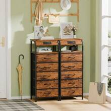 5 Drawers Dresser With Charging Station, Tall Night Stand With Storage Shelf, Fabric Chest Of Drawers, Bedside Table For Closet, Entryway, Bedroom Furniture, 3 Ways To Use, Rustic Brown