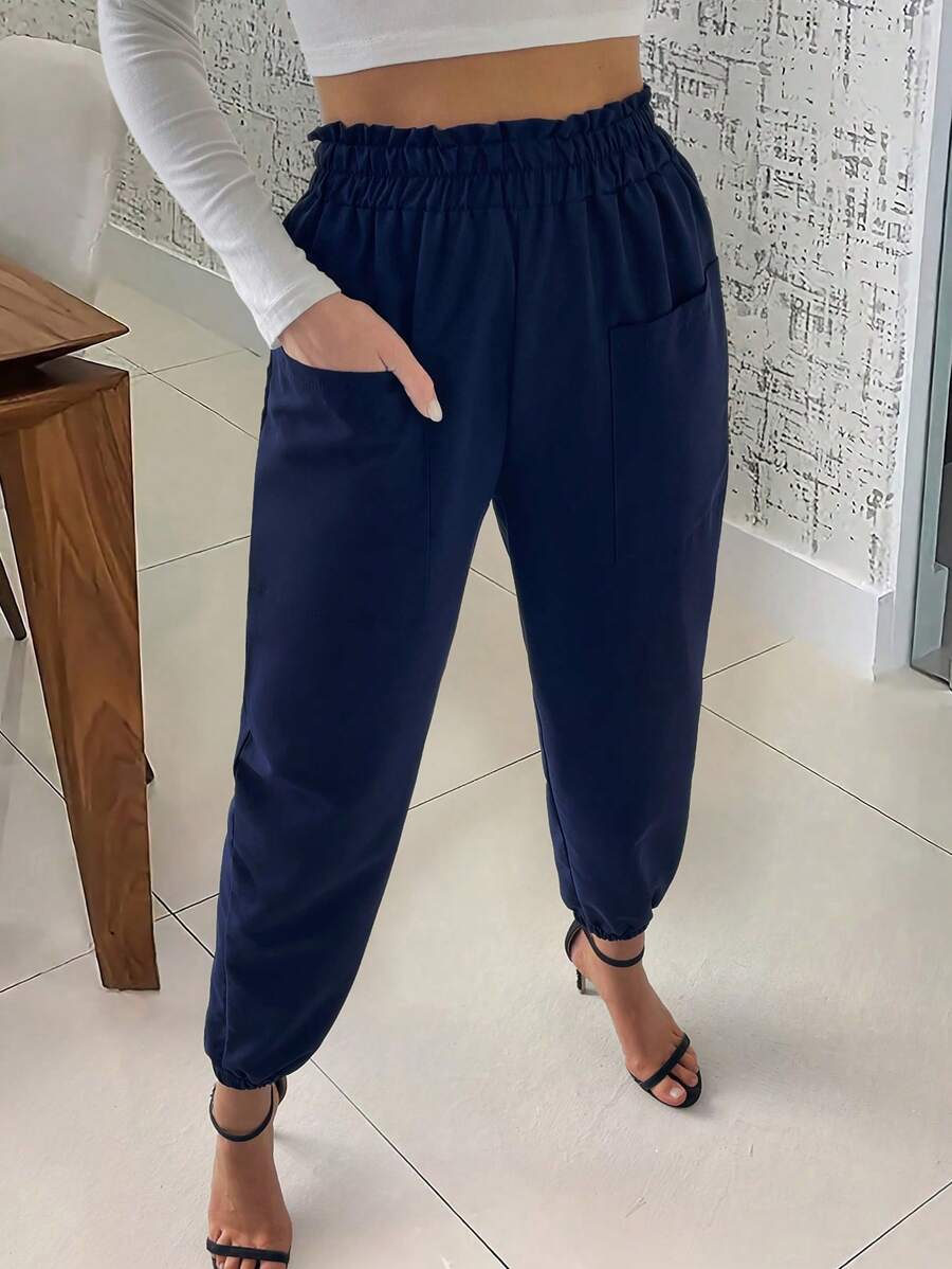 Women's Solid Color Frill Trim Waist Double Pockets Drawstring Pants - Navy Blue - View 1