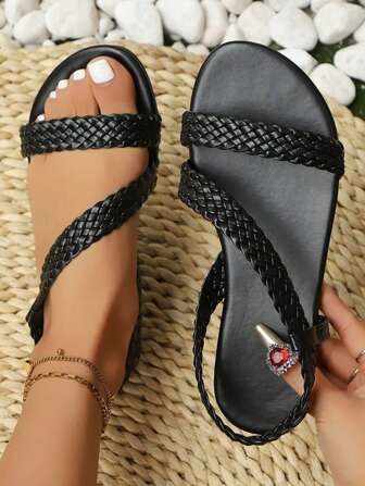 Bohemian Casual Women's Comfortable Flat Fashion Sandals, Woven Strap Roman Style Open Toe Sandals