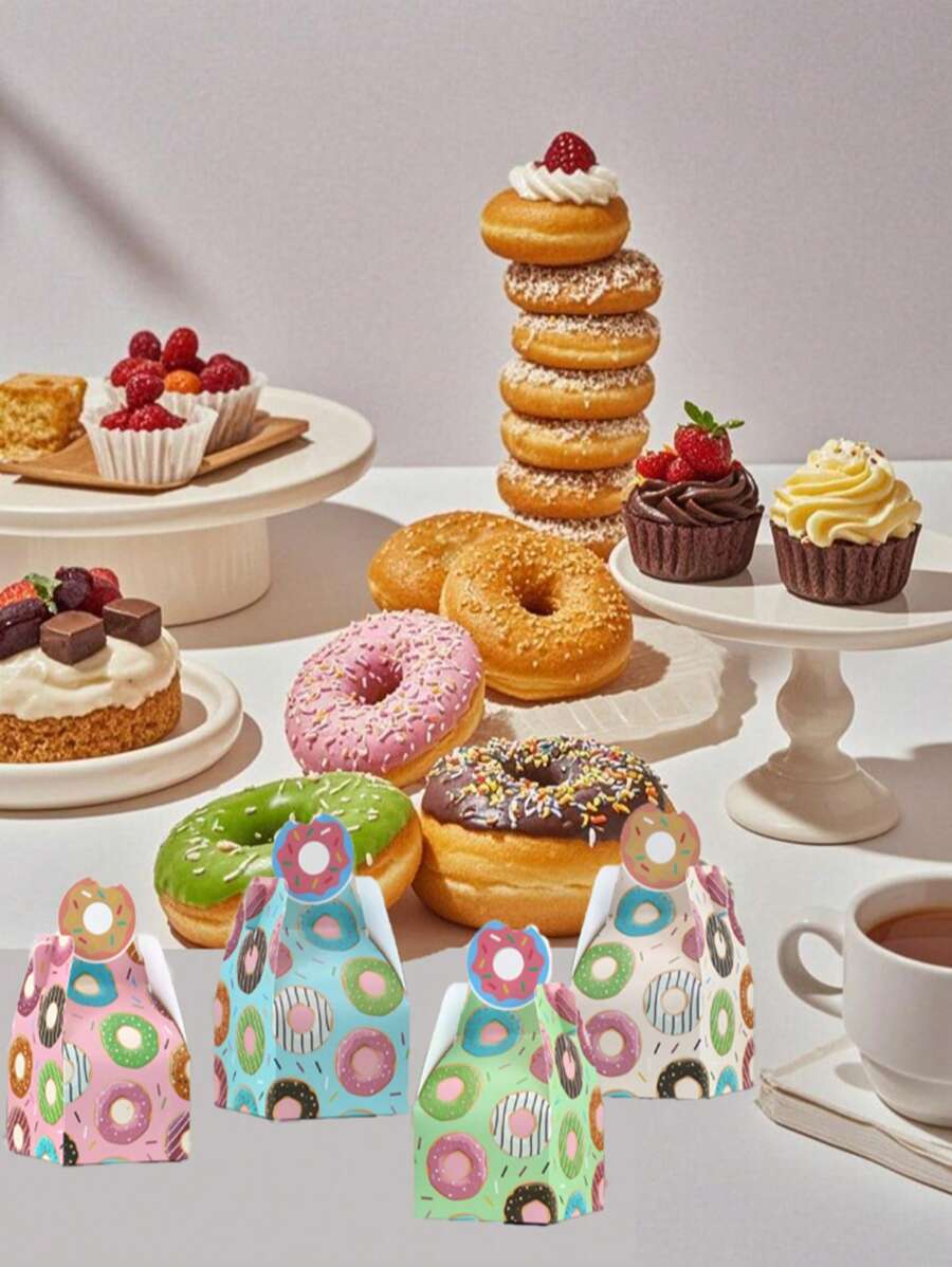 10pcs Donut Biscuit Box, Macaron Paper Box, Baking Packaging Birthday Party Handheld Cake Boxes - Blue - View 1