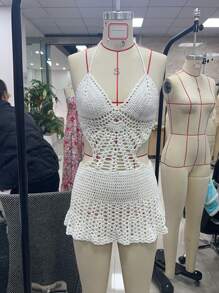 Women Crochet Knitted Halter Neck Backless Beach Mini Dress Hollow Out Tie Back Boho Dresses Swimsuit Bikini Cover Ups Bodycon Short Mini Dress Summer Holiday Sundress - trắng - Xem 7