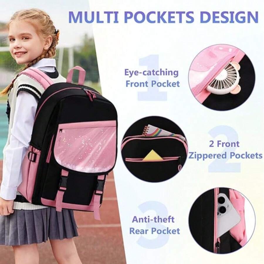 VASCHY School Bag For Girls, Cute Elementary Backpack Bookbag For Primary Schooler Kids With Sparkling Sequin Clear Pocket