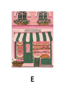 1/6 piezas Pintura en lienzo con ilustración de una cafetería de la ciudad, panadería, croissants y galletas, póster artístico para decoración del hogar y la cocina sin marco - Multicolor - Ver 33