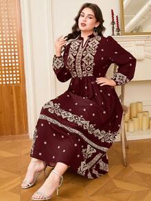 DEARCASE Plus Size Elegant Retro Printed V-Neck Dress Spring Vacation - Burgundy - View 6